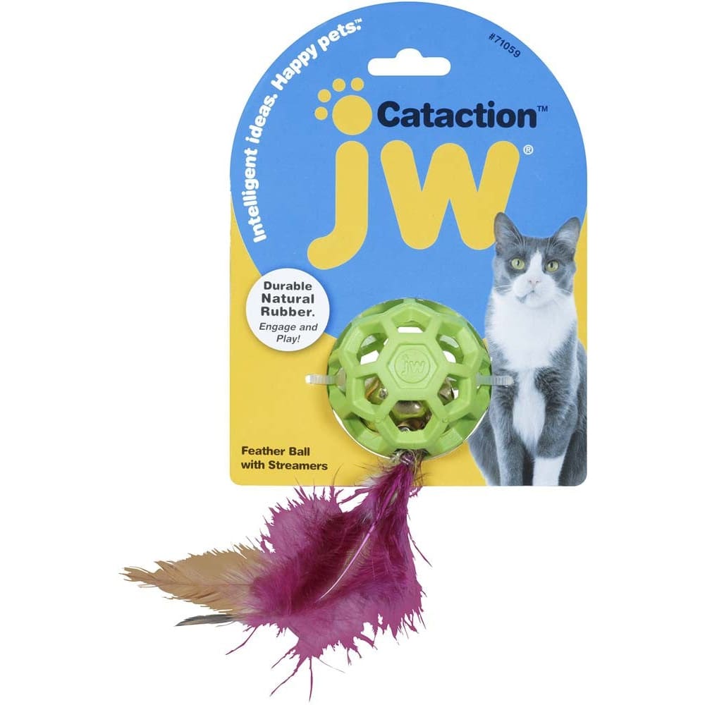 JW Pet Cataction Feather Ball with Bell Cat Toy Green One Size - Pet Supplies - JW