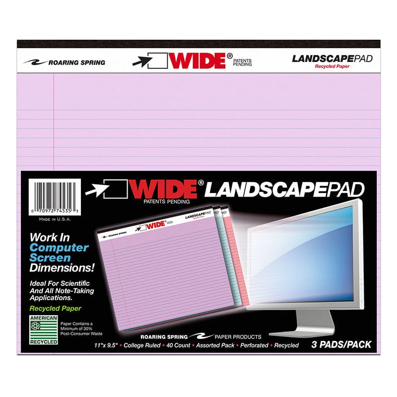 Legal Pad Landscape Assorted 3 Pack Orchid Blue And Pink (Pack of 3) - Note Books & Pads - Roaring Spring Paper Products