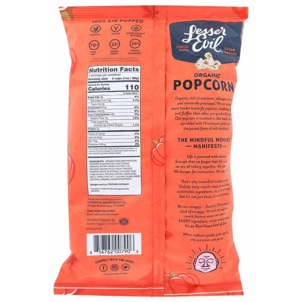 LESSER EVIL Lesser Evil Popcorn Rte Pumpkin Spice, 7 Oz