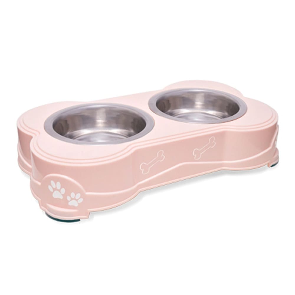 Loving Pets Double Diner Dog Bowl Paw Print and Bone Paparazzi Pink Medium - Pet Supplies - Loving Pets