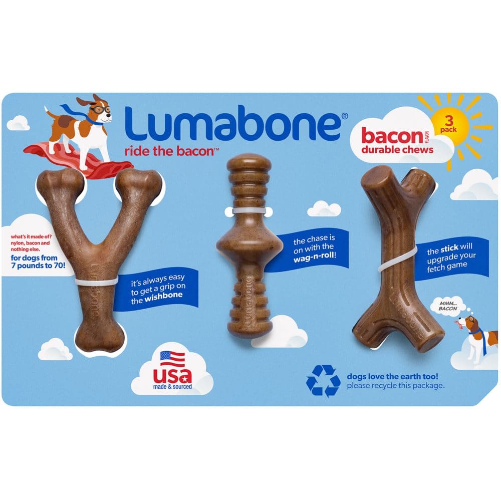 Lumabone Durable Chew Toys Bacon Flavored (3 pk.) - Dog Toys - Lumabone Durable