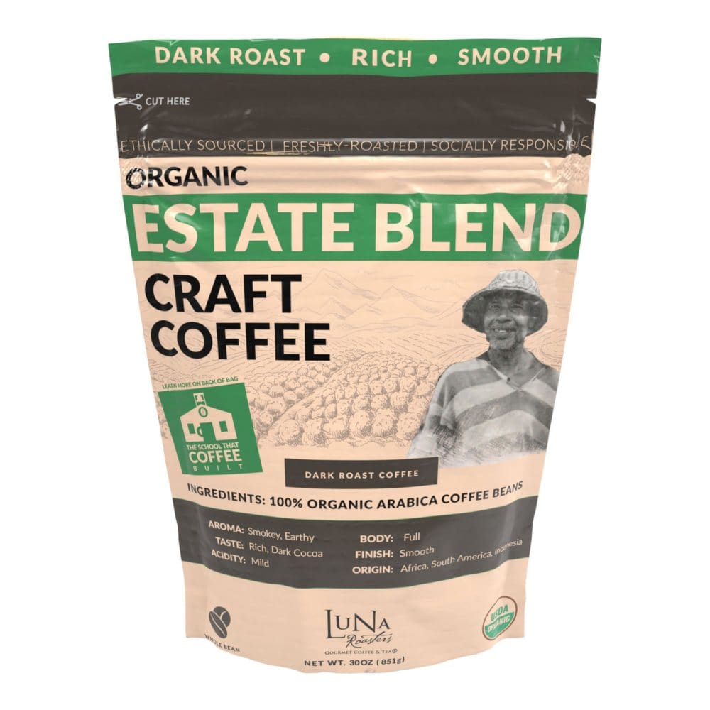 Luna Roasters Organic Estate Blend Craft Whole Bean Coffee Dark Roast (30 oz.) - Coffee Tea & Cocoa - Luna Roasters
