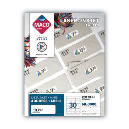 MACO White Laser/inkjet Shipping Address Labels Inkjet/laser Printers 1 X 2.63 White 30 Labels/sheet 100 Sheets/box - Office - MACO®