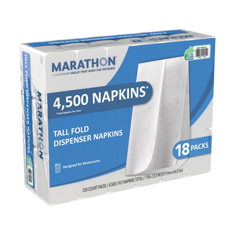 Marathon Tall Fold Dispenser Napkins 1-Ply 7 x 13 1/2 White (4500 ct.) - Paper & Plastic - Marathon Tall