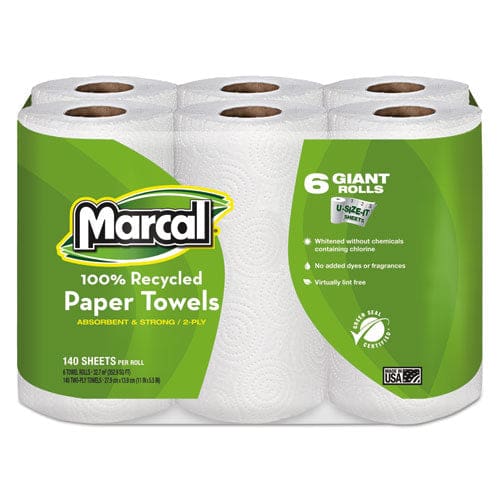 Marcal 100% Premium Recycled Kitchen Roll Towels 2-ply 11 X 5.5 White 140/roll 6 Rolls/pack - School Supplies - Marcal®