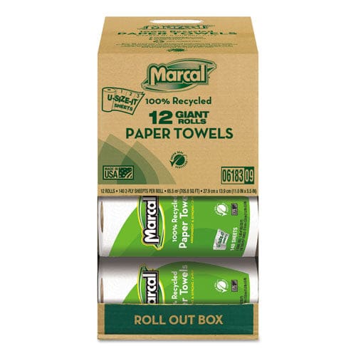 Marcal 100% Premium Recycled Kitchen Roll Towels Roll Out Box 2-ply 11 X 5.5 White 140 Sheets 12 Rolls/carton - School Supplies - Marcal®