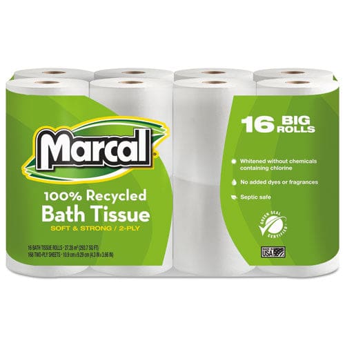 Marcal 100% Recycled 2-ply Bath Tissue Septic Safe White 168 Sheets/roll 16 Rolls/pack - Janitorial & Sanitation - Marcal®