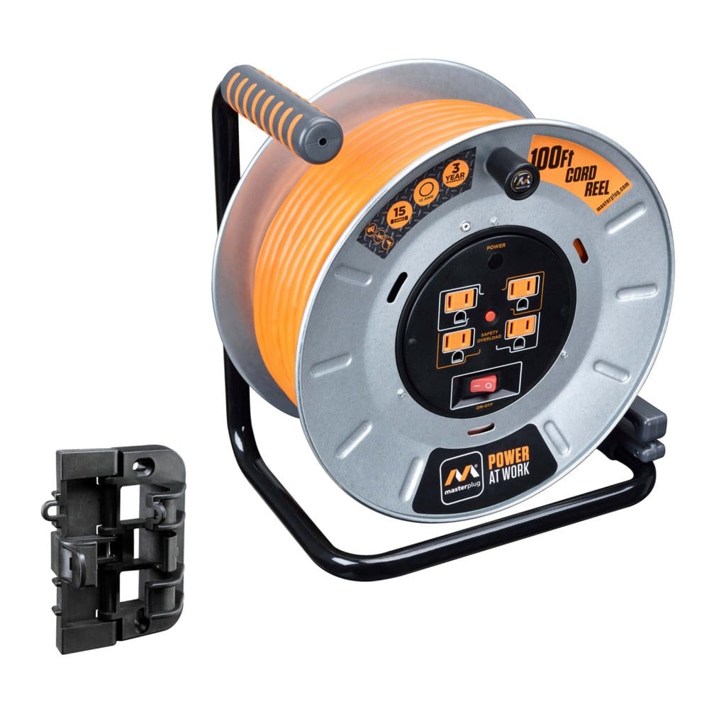 Masterplug Plug Extension Masterplug 100' Heavy Duty Extension Cord Reel with Wall Mounting ...