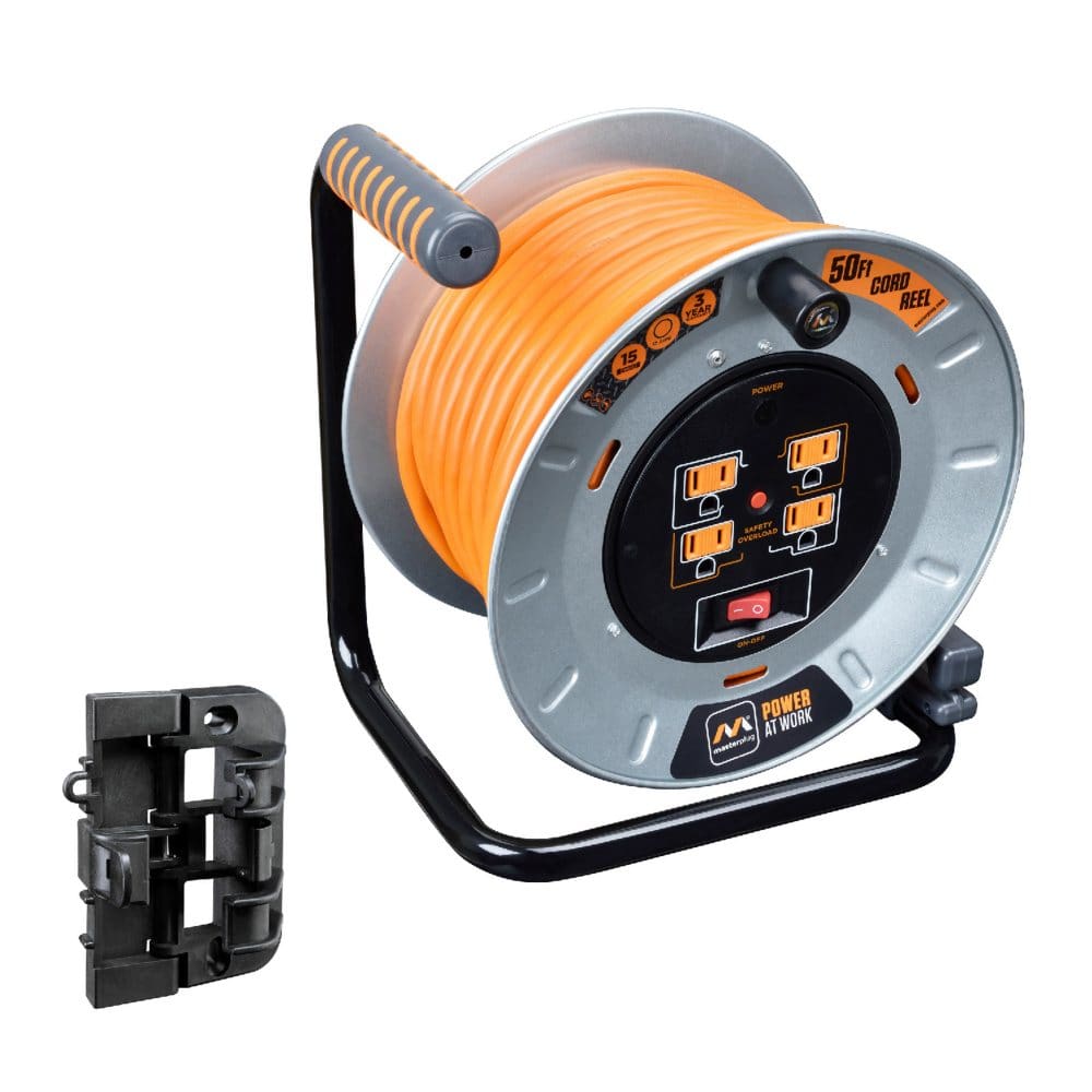 Masterplug 50’ Heavy Duty Cord Storage Reel with Wall Mounting Bracket - Generators & Accessories - Masterplug