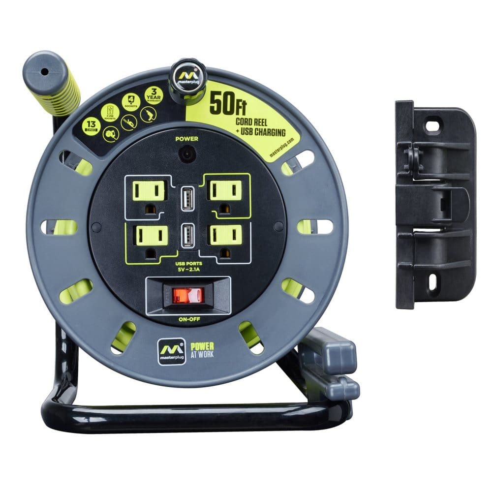 Masterplug Heavy-Duty 50’ Cord Reel with USB and Wall Mount - Generators & Accessories - Masterplug