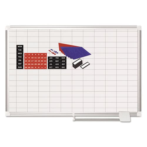 MasterVision Gridded Magnetic Steel Dry Erase Planning Board With Accessories 1 X 2 Grid 36 X 24 White Surface Silver Aluminum Frame -