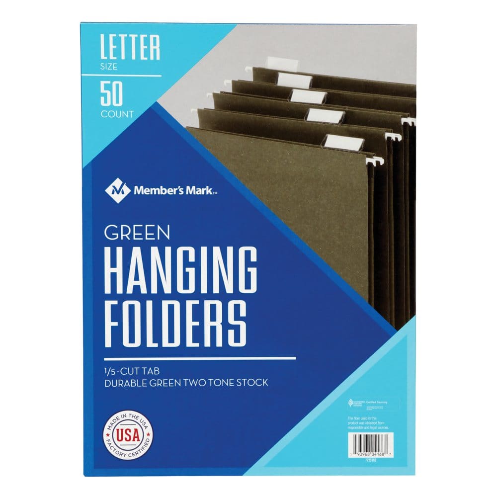Member’s Mark Hanging File Folders Letter 1/5-Cut Tabs Green 50/Box - File Folders - Member’s Mark