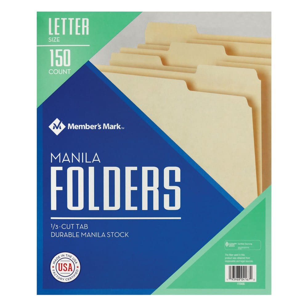 Member’s Mark Manila File Folders Letter 1/3 Cut Assorted Tabs,150 per Box - File Folders - Member’s Mark