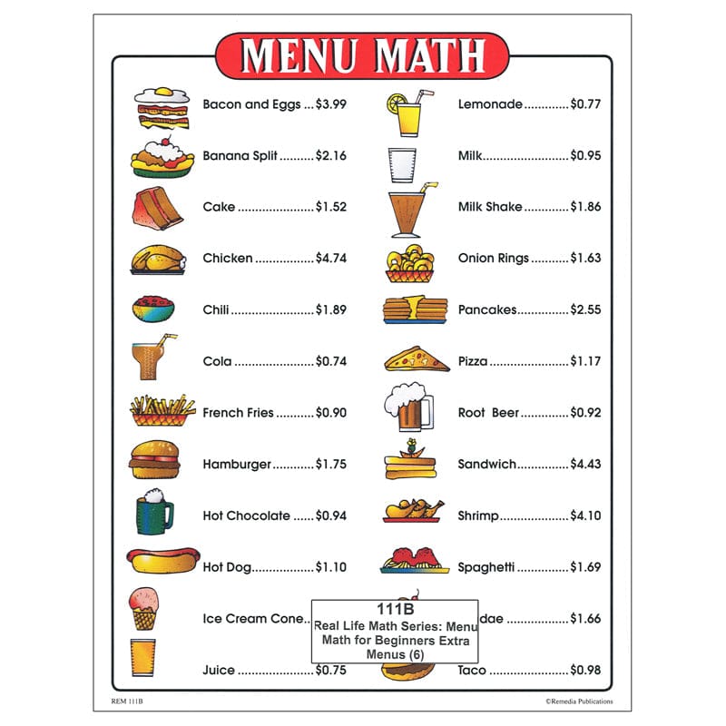 Menu Math For Beginners 6Pk Extra Price Lists (Pack of 8) - Shopping - Remedia Publications