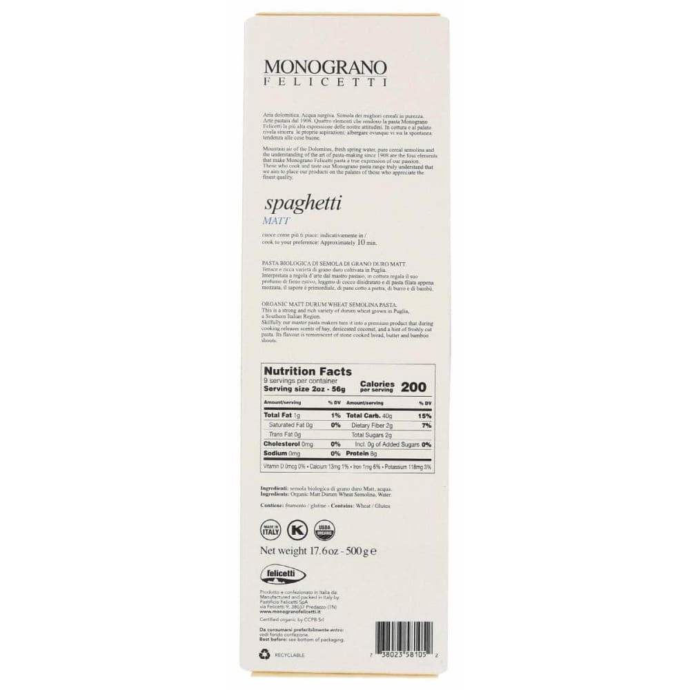 MONOGRANO FELICETTI Grocery > Meal Ingredients > Noodles & Pasta MONOGRANO FELICETTI: Matt Spaghetti, 17.6 oz