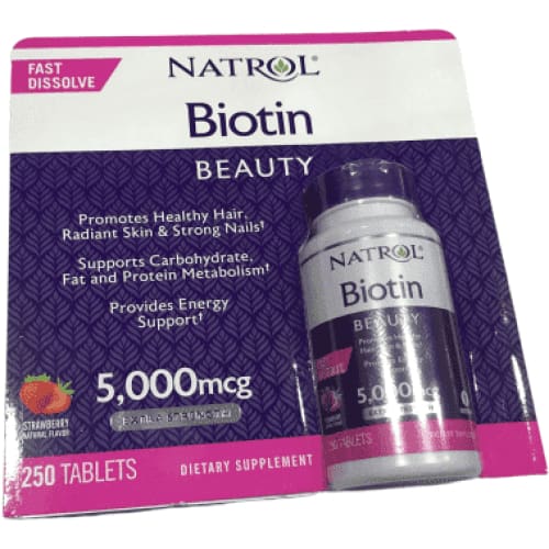 Natrol Biotin 5000 mcg Fast Dissolve Tablets, Strawberry, 250-Count, Extra Strength - ShelHealth.Com
