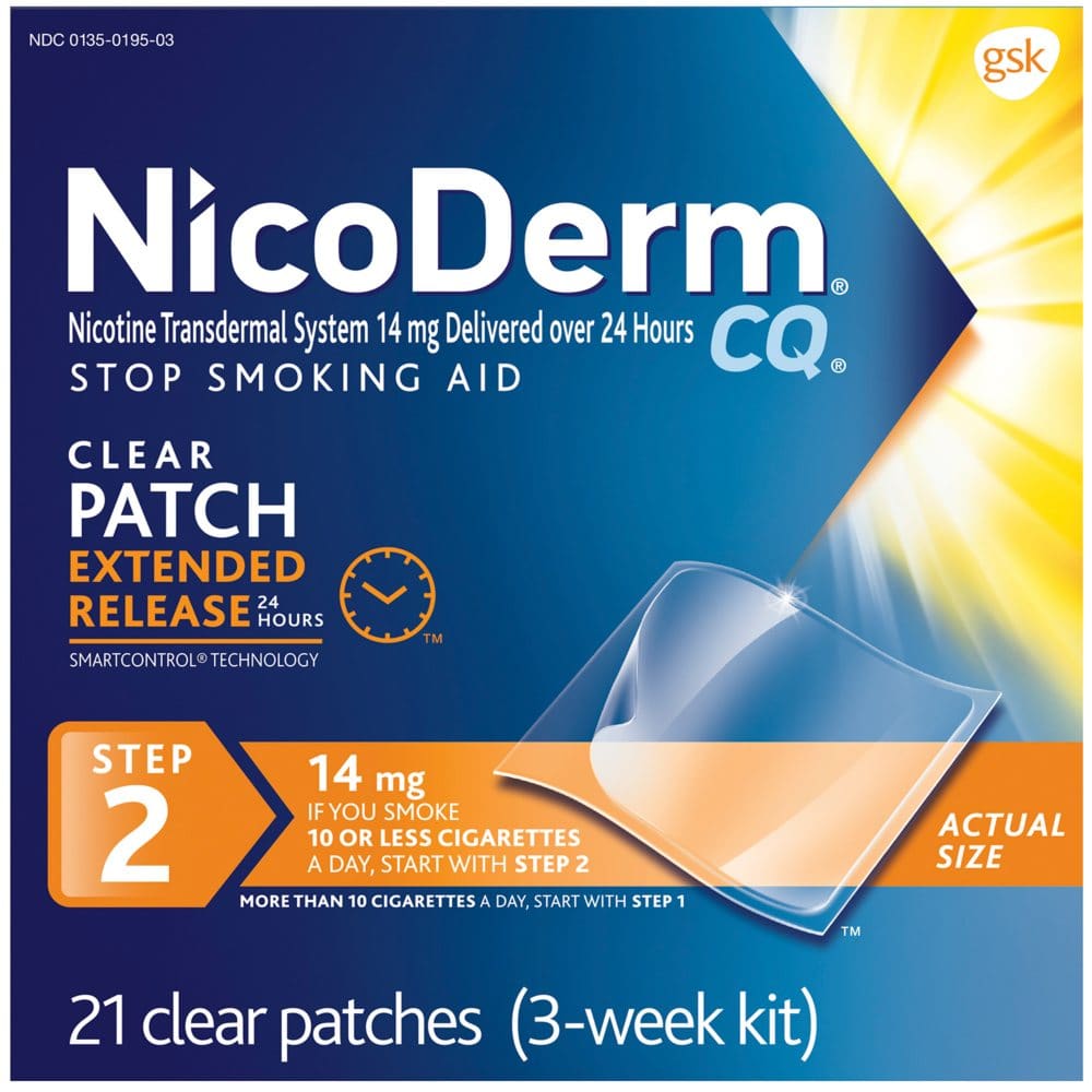 NicoDerm CQ Clear Patch Step 2 14mg (21 ct.) - Smoking Cessation Aids - NicoDerm CQ