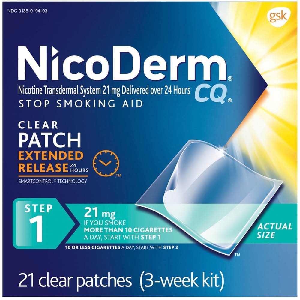 NicoDerm CQ Patch Step 1 - 21mg (21 Clear Patches) - Smoking Cessation Aids - NicoDerm CQ