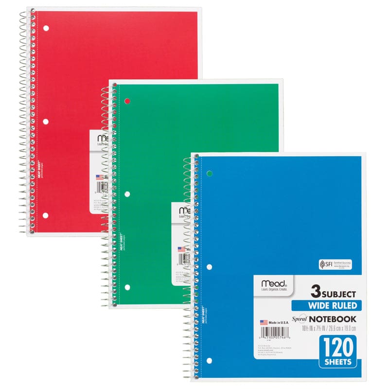 Notebook Spiral 3 Subject 120 Ct 10 1/2 X 8 (Pack of 12) - Note Books & Pads - Mead - Acco Brands Usa LLC