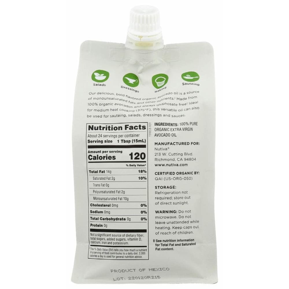 NUTIVA Nutiva Avocado Oil Pouch Xvirgin, 12 Oz