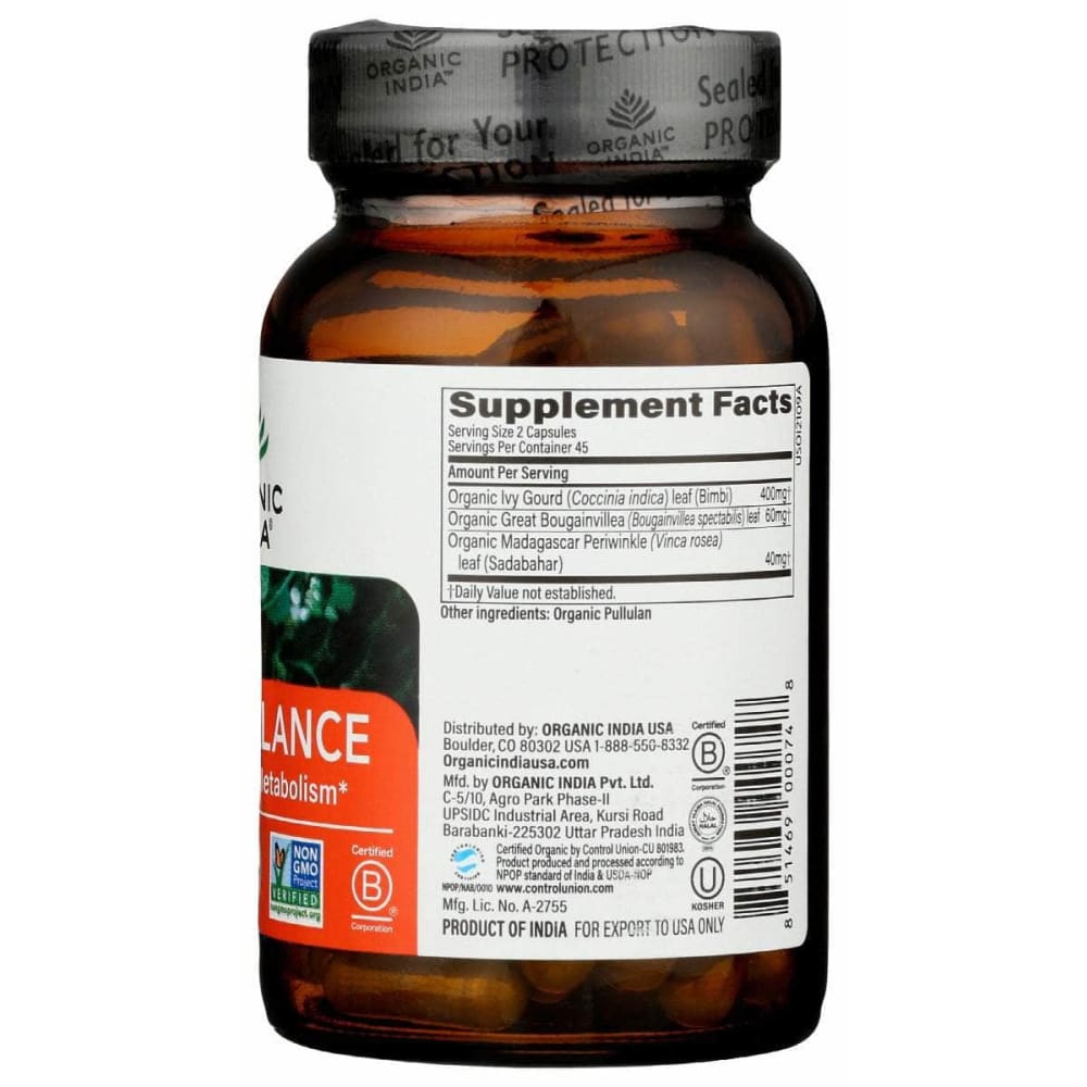 ORGANIC INDIA New ORGANIC INDIA: Sugar Balance Healthy Glucose Metabolism, 90 cp