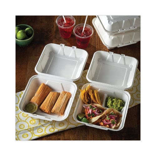 Pactiv Evergreen Earthchoice Bagasse Hinged Lid Container Dual Tab Lock Large Container 9 X 9 X 3.5 Natural Sugarcane 150/carton - Food