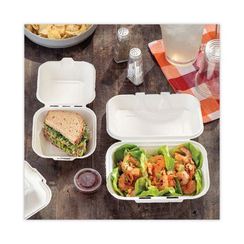 Pactiv Evergreen Earthchoice Bagasse Hinged Lid Container Single Tab Lock 6 Sandwich 5.8 X 5.8 X 3.3 Natural Sugarcane 500/carton - Food