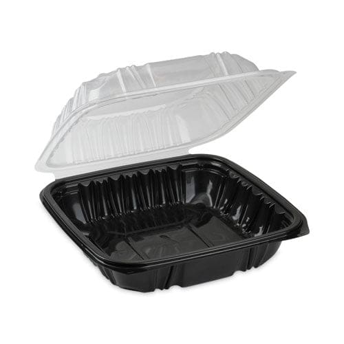 Pactiv Evergreen Earthchoice Vented Dual Color Microwavable Hinged Lid Container 1-compartment 28oz 7.5x7.5x3 Black/clear Plastic 150/ct -