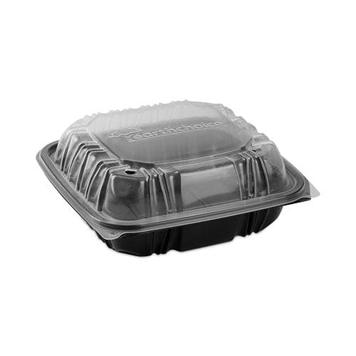 Pactiv Evergreen Earthchoice Vented Dual Color Microwavable Hinged Lid Container 3-compartment 21oz 8.5x8.5x3 Black/clear Plastic 150/ct -