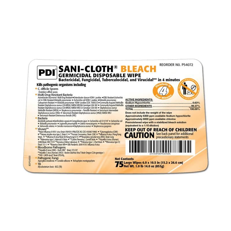 PDI SaniCloth Bleach Wipe 6 X 10 Tb75 Pdi ShelHealth