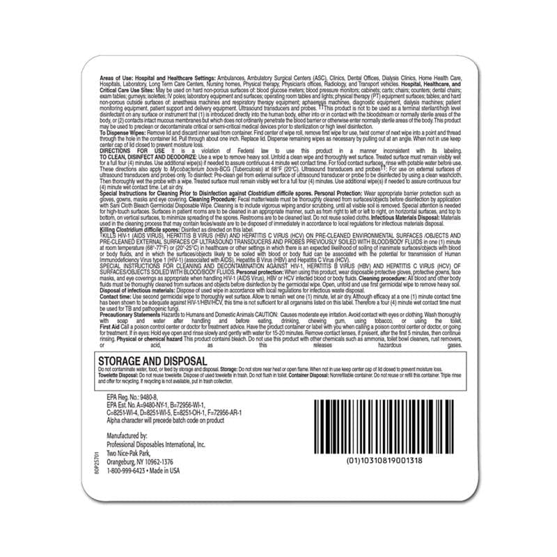 PDI SaniCloth Bleach Wipe 6 X 10 Tb75 Pdi ShelHealth