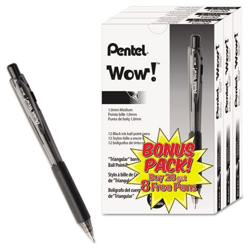 Pentel Wow! Ballpoint Pen Value Pack Retractable Medium 1 Mm Black Ink Black Barrel 36/pack - School Supplies - Pentel®