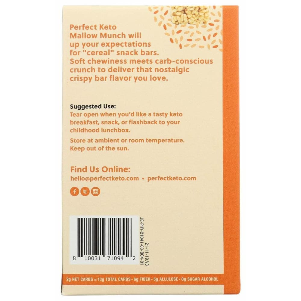 PERFECT KETO Grocery > Nutritional Bars, Drinks, and Shakes PERFECT KETO: Mallow Munch Peanut Butter Bar, 3.96 oz