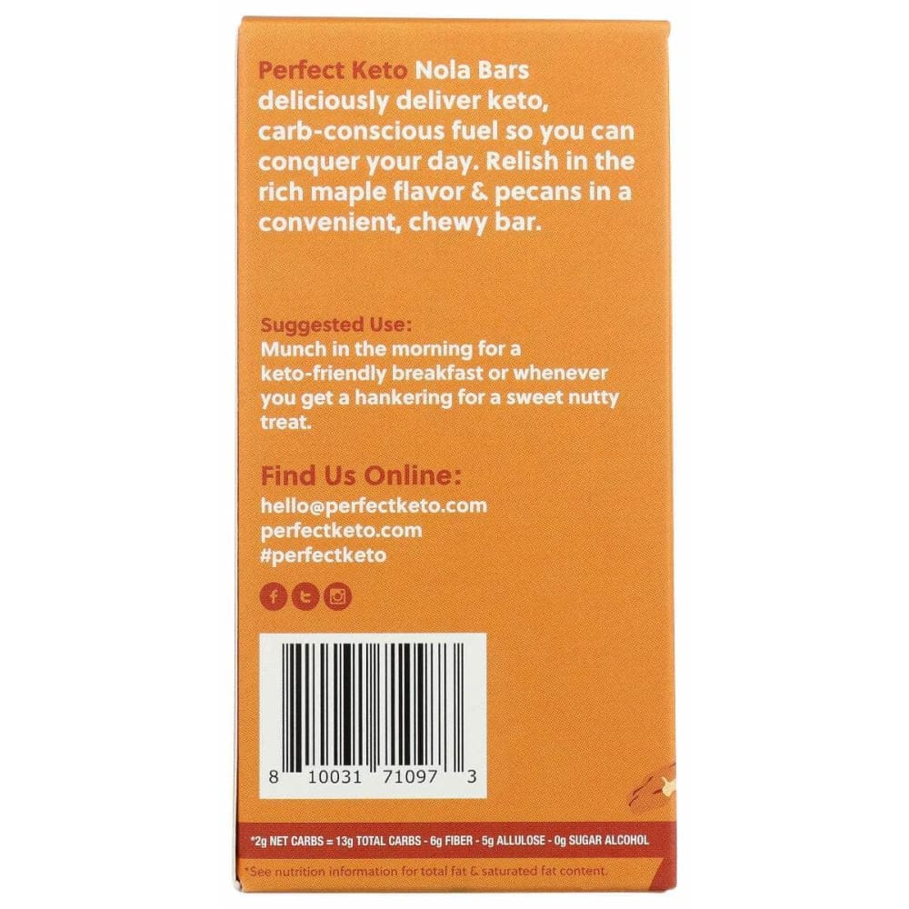 PERFECT KETO Grocery > Nutritional Bars, Drinks, and Shakes PERFECT KETO: Nola Bar Maple Pecan, 4.52 oz