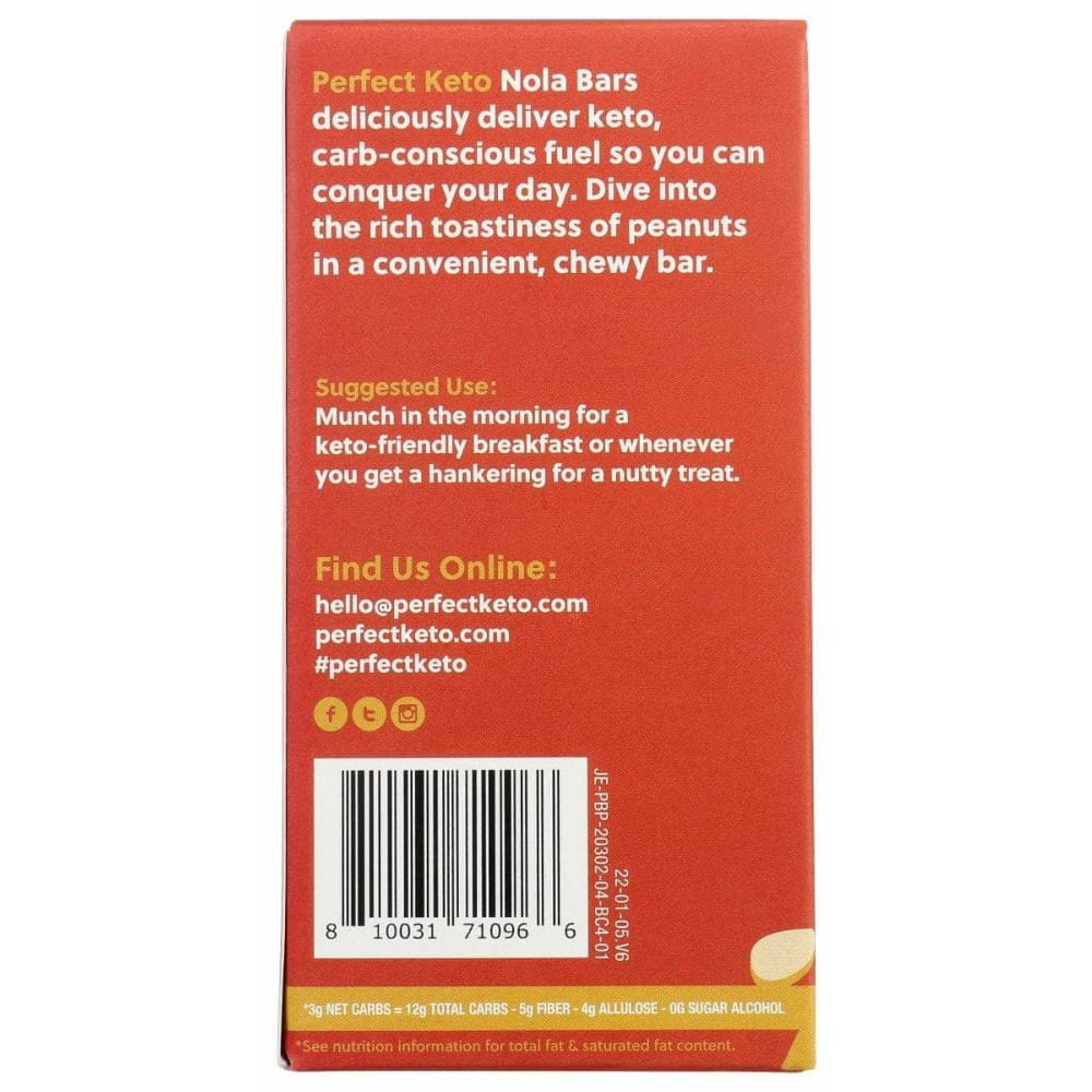 PERFECT KETO Grocery > Nutritional Bars, Drinks, and Shakes PERFECT KETO: Nola Bar Peanut Butter, 4.52 oz