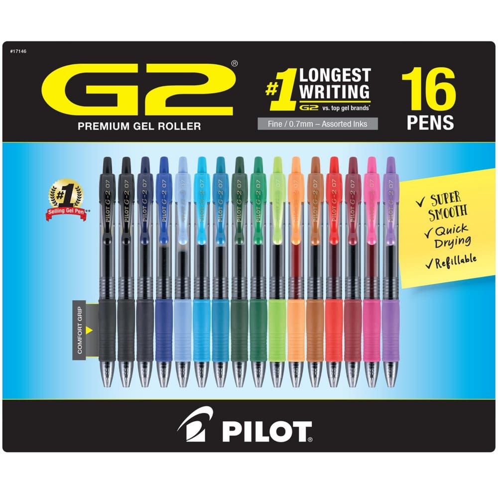 Pilot G2 Retractable Gel Pens Fine (0.7mm) Assorted 16 Pack - First Day of School Essentials - Pilot