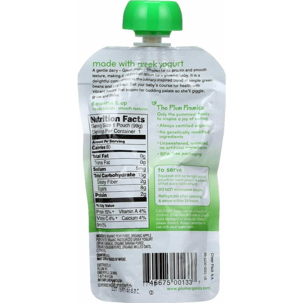 Plum Organics Plum Organics Organic Baby Food Stage 2 Green Bean Pear & Greek Yogurt, 3.5 Oz