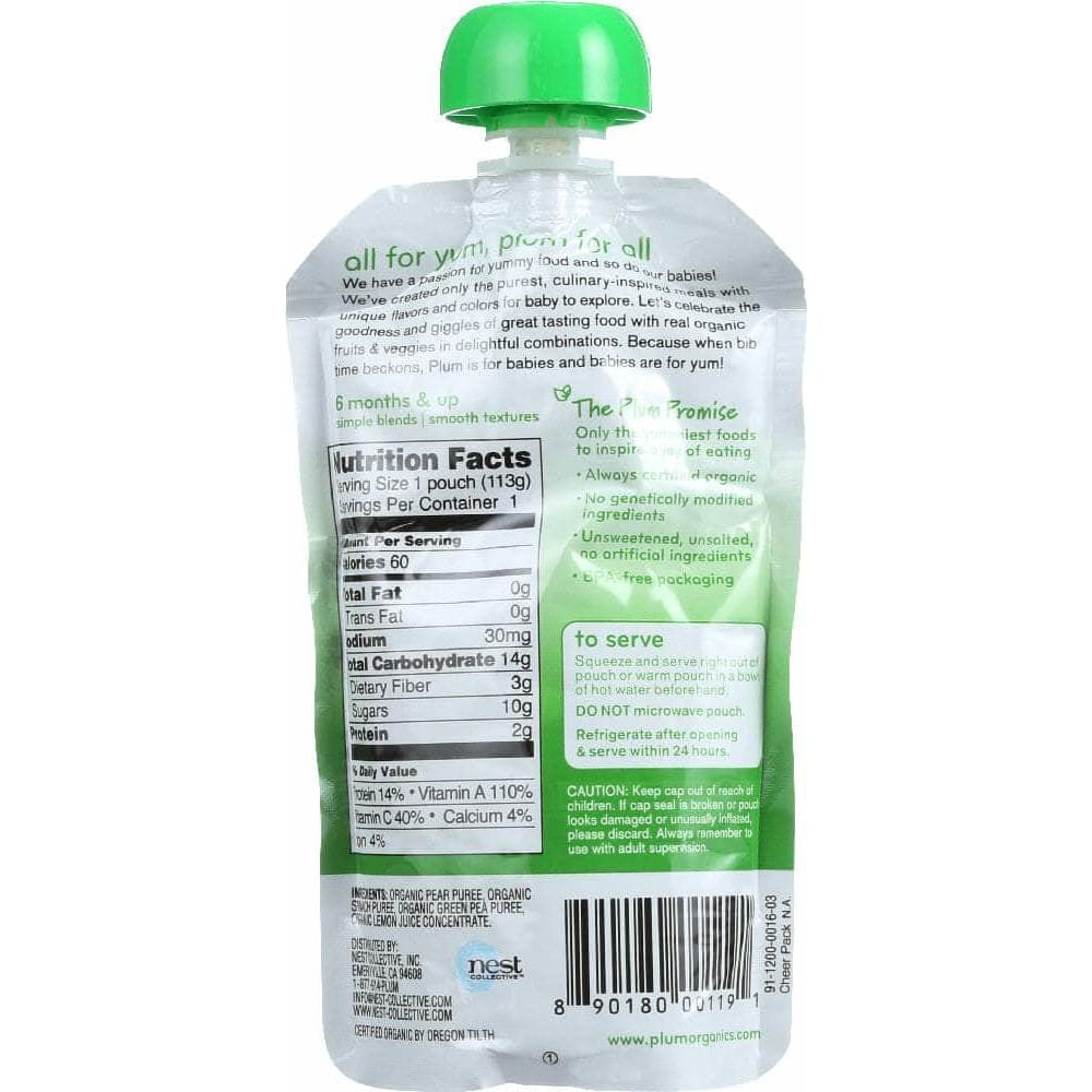 Plum Organics Plum Organics Organic Baby Food Stage 2 Spinach Peas & Pear, 4 oz