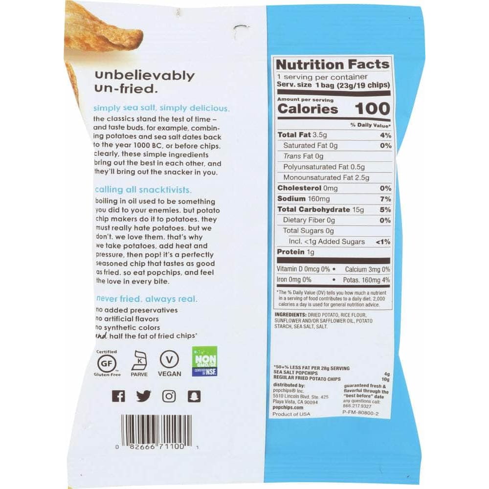 Popchips Popchips Gluten Free Popped Potato Chips Sea Salt, .8 oz