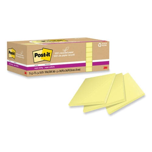 Post-it 100% Recycled Paper Super Sticky Notes 3 X 3 Canary Yelow 70 Sheets/pad 12 Pads/pack - School Supplies - Post-it® Notes Super Sticky
