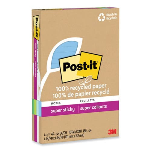 Post-it 100% Recycled Paper Super Sticky Notes Ruled 4 X 6 Oasis 45 Sheets/pad 12 Pads/pack - School Supplies - Post-it® Notes Super Sticky