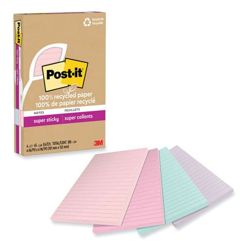 Post-it 100% Recycled Paper Super Sticky Notes Ruled 4 X 6 Wanderlust Pastels 45 Sheets/pad 4 Pads/pack - School Supplies - Post-it® Notes