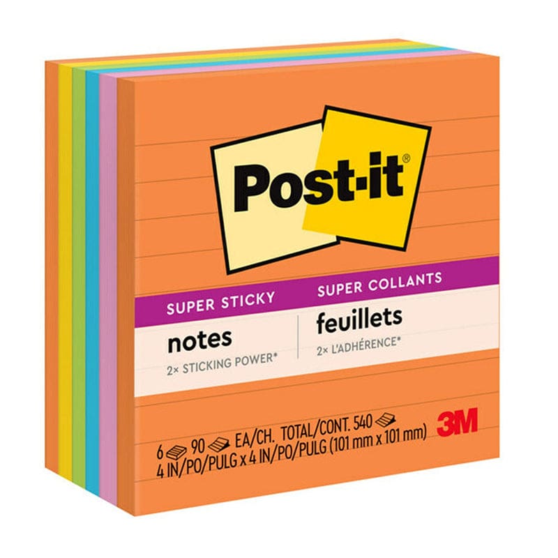 Post-It Notes Super Sticky 6 Pads Ultra Colors 4 X 4 Lined - Post It & Self-Stick Notes - 3M Company