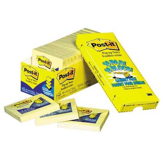 Post-it Pop-up Notes - Original Canary Yellow Pop-Up Refill Cabinet Pack 3 x 3 90/Pad - 18 Pads/Pack - Self-Stick Notes & Flags - Post-it