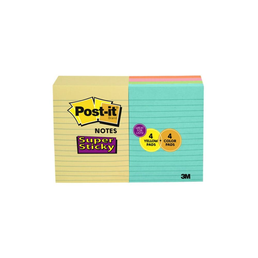 Post-it Super Sticky Notes 4 x 6 Assorted Colors Lined 8 Pack 800 Total Sheets - Self-Stick Notes & Flags - Post-it