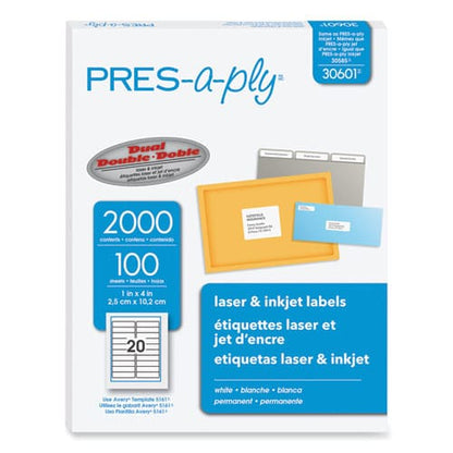 PRES-a-ply Labels Laser Printers 1 X 4 White 20/sheet 100 Sheets/box - Office - PRES-a-ply®