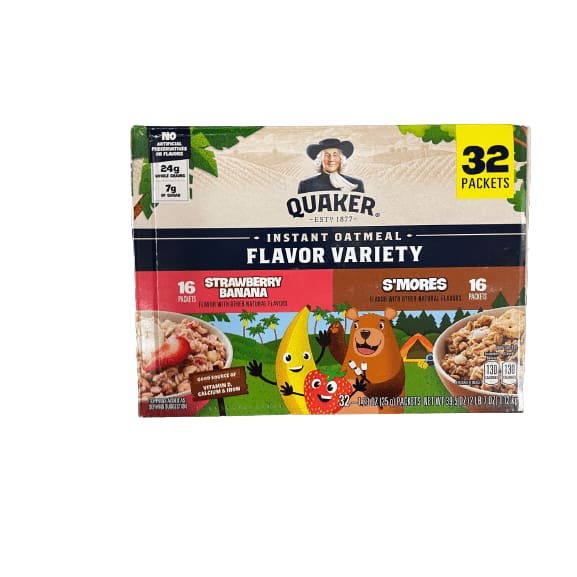Quaker Quaker Instant Oatmeal Flavor Variety ( 16 x Strawberry Banana & 16 x Smores Pack)