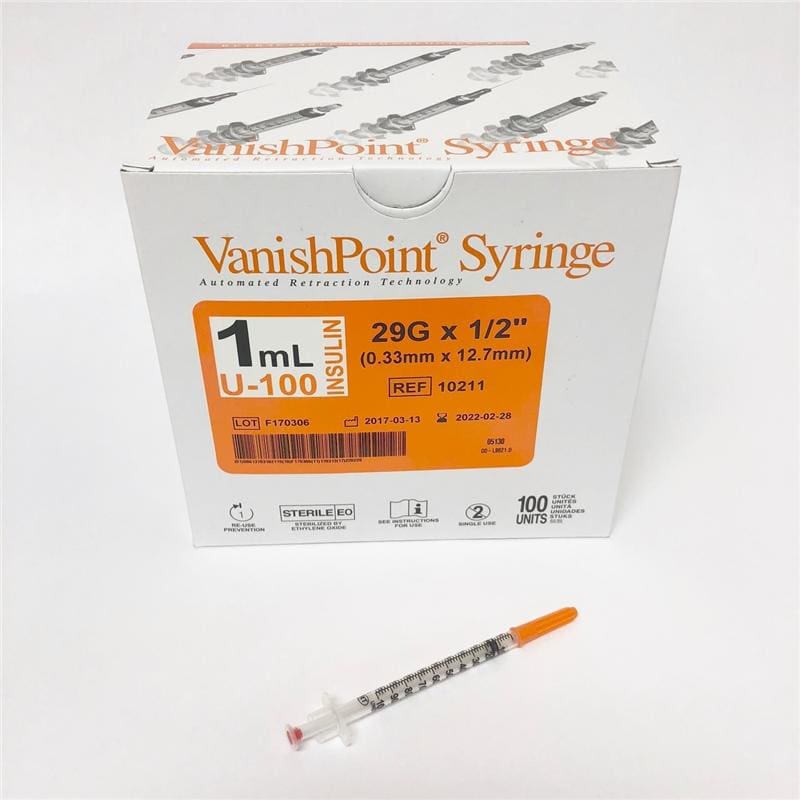Retractable Technologies Syringe Safety Insulin 1Cc 29G X 1/2In Box of 100 - Needles and Syringes >> Insulin Syringes - Retractable