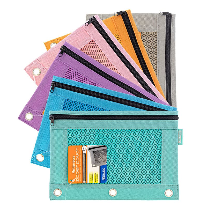 Retro Color 3-Ring Pencil Pouch Mesh Window (Pack of 12) - Pencils & Accessories - Bazic Products