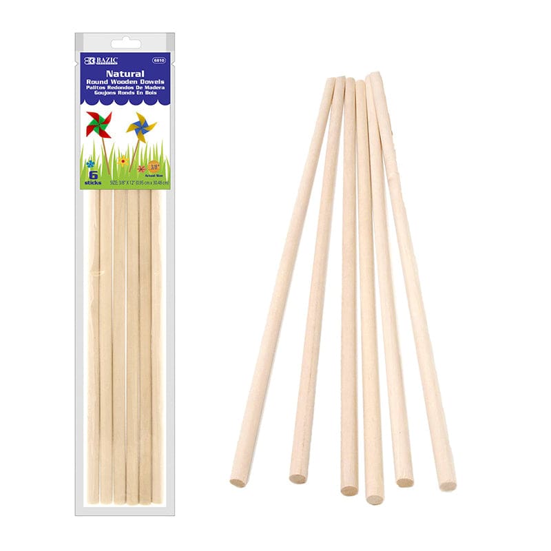 Round Natural Wooden Dowel 6Pk (Pack of 12) - Craft Sticks - Bazic Products